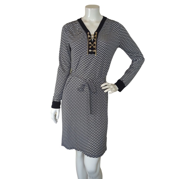 Michael Kors Black White Grommet Lace up Midi Dress - Picture 1 of 15
